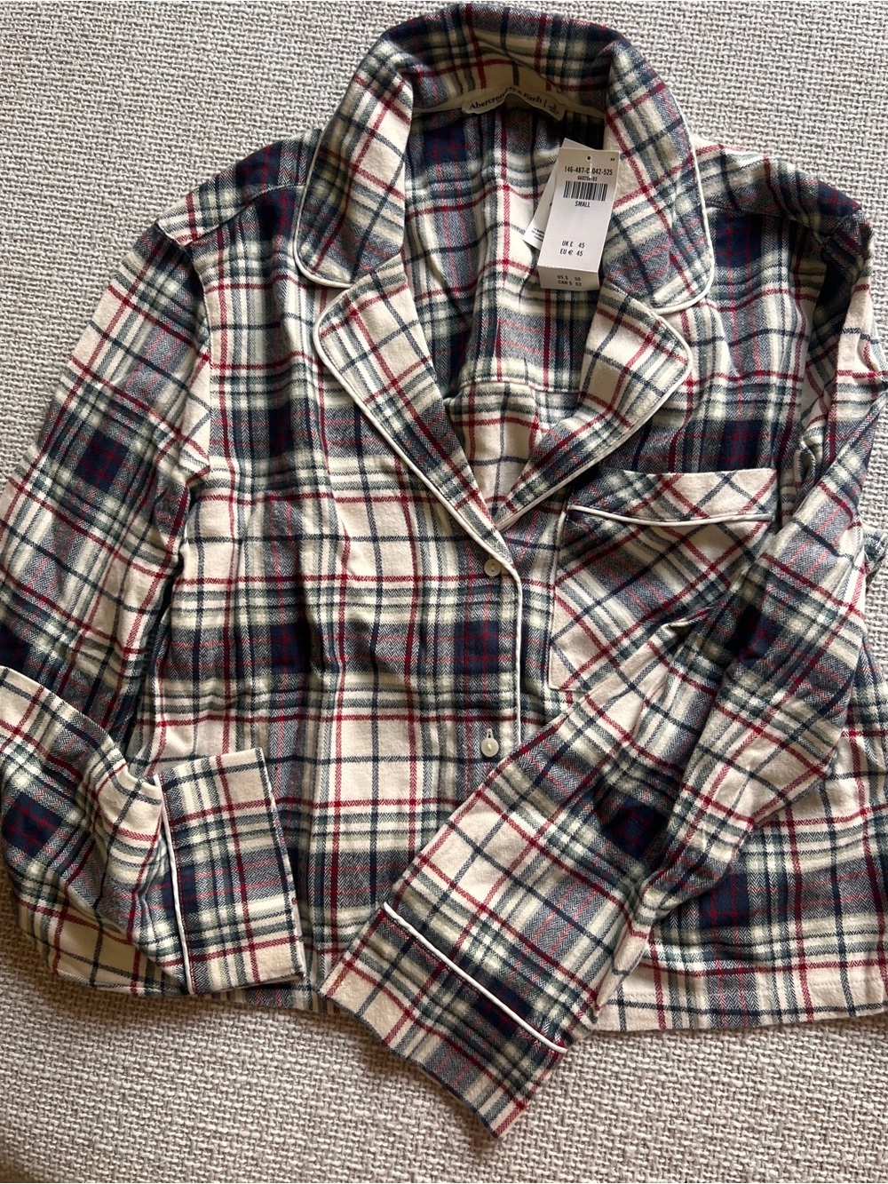 NWT Abercrombie & Fitch Plaid Pajama Top - Cream, Navy & Red - Small